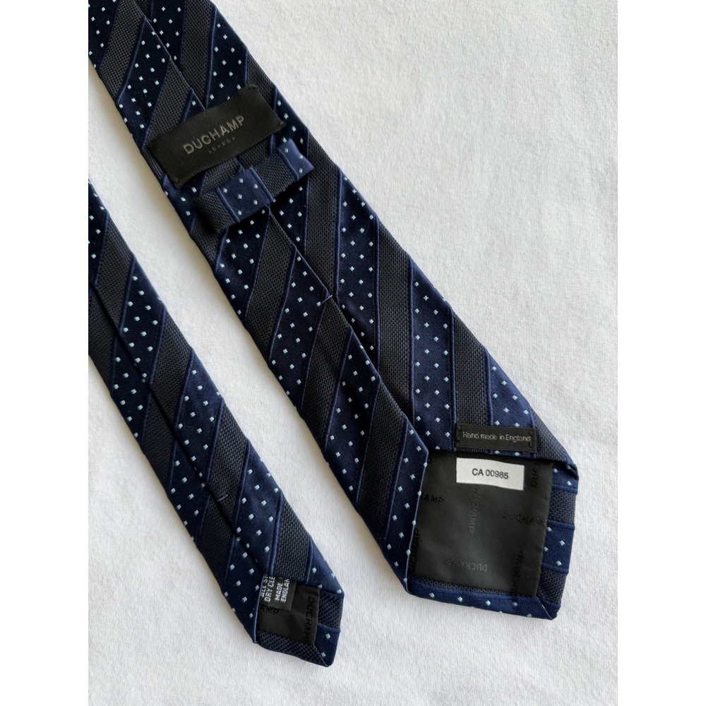Duchamp London	Navy Blue Stripes Geometric Woven Jacquard 100% Silk Tie Necktie